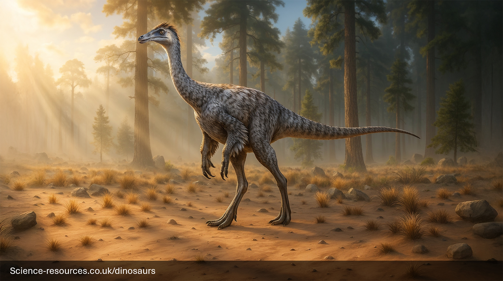 A realistic rendering of a feathered Gallimimus dinosaur in a forest setting. The dinosaur is shown standing in a forrest clearing. It’s surrounded by tall trees and the ground is covered with rocks. Sunlight filters through the trees, casting an ethereal glow on the scene.