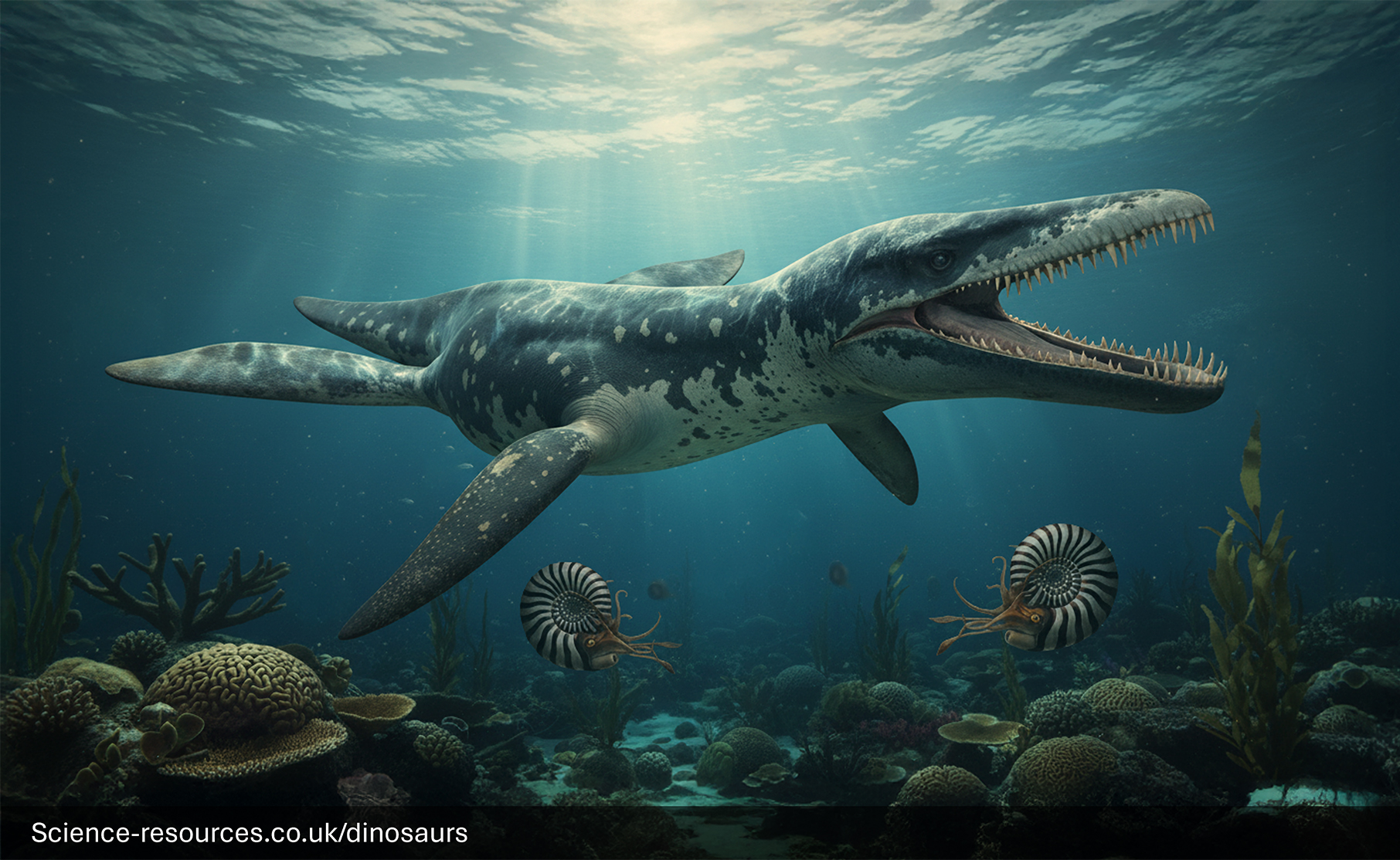 Liopleurodon hunting for ammonites in a prehistoric ocean.