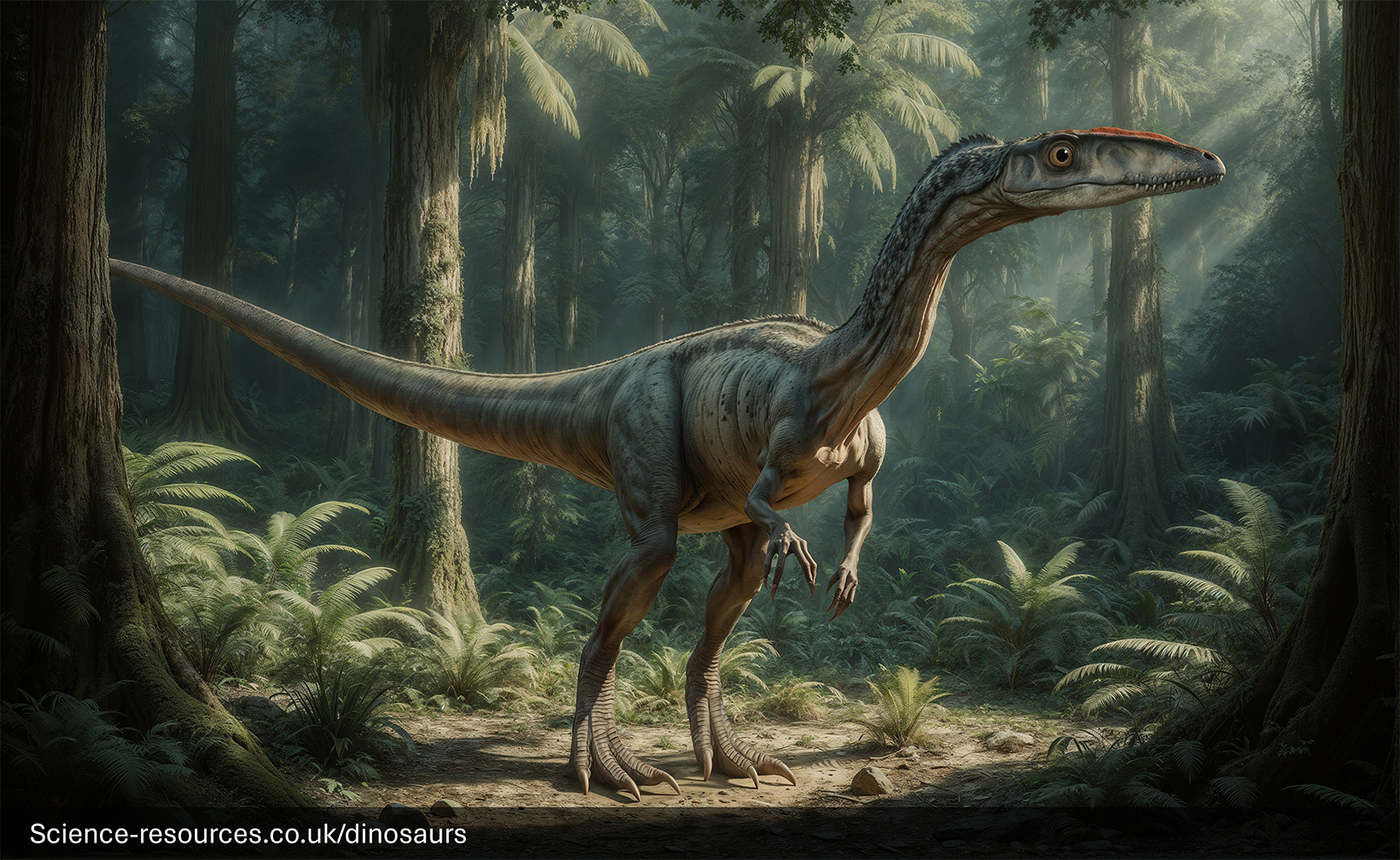 The image portrays a realistic rendering of an Megapnosaurus dinosaur in a forest setting. The Megapnosaurus is standing in the middle of a forest path, surrounded by dense green trees and vegetation.