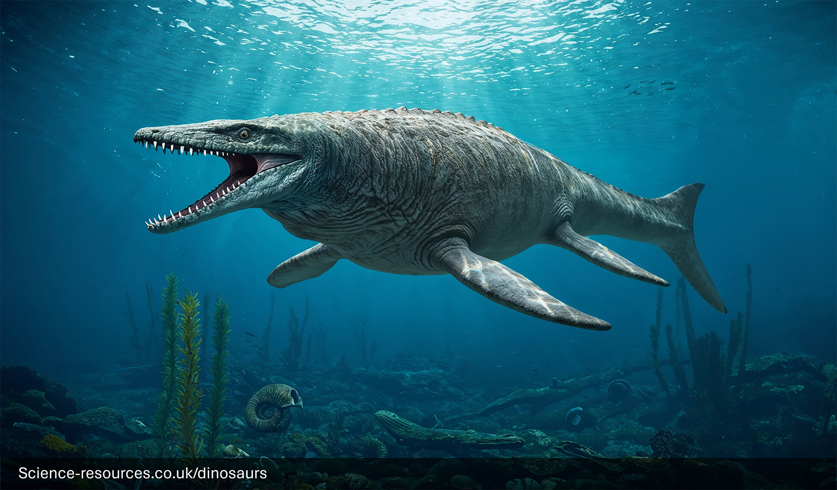 A realistic depiction of an Mosasaurus swimming in a prehistoric ocean.