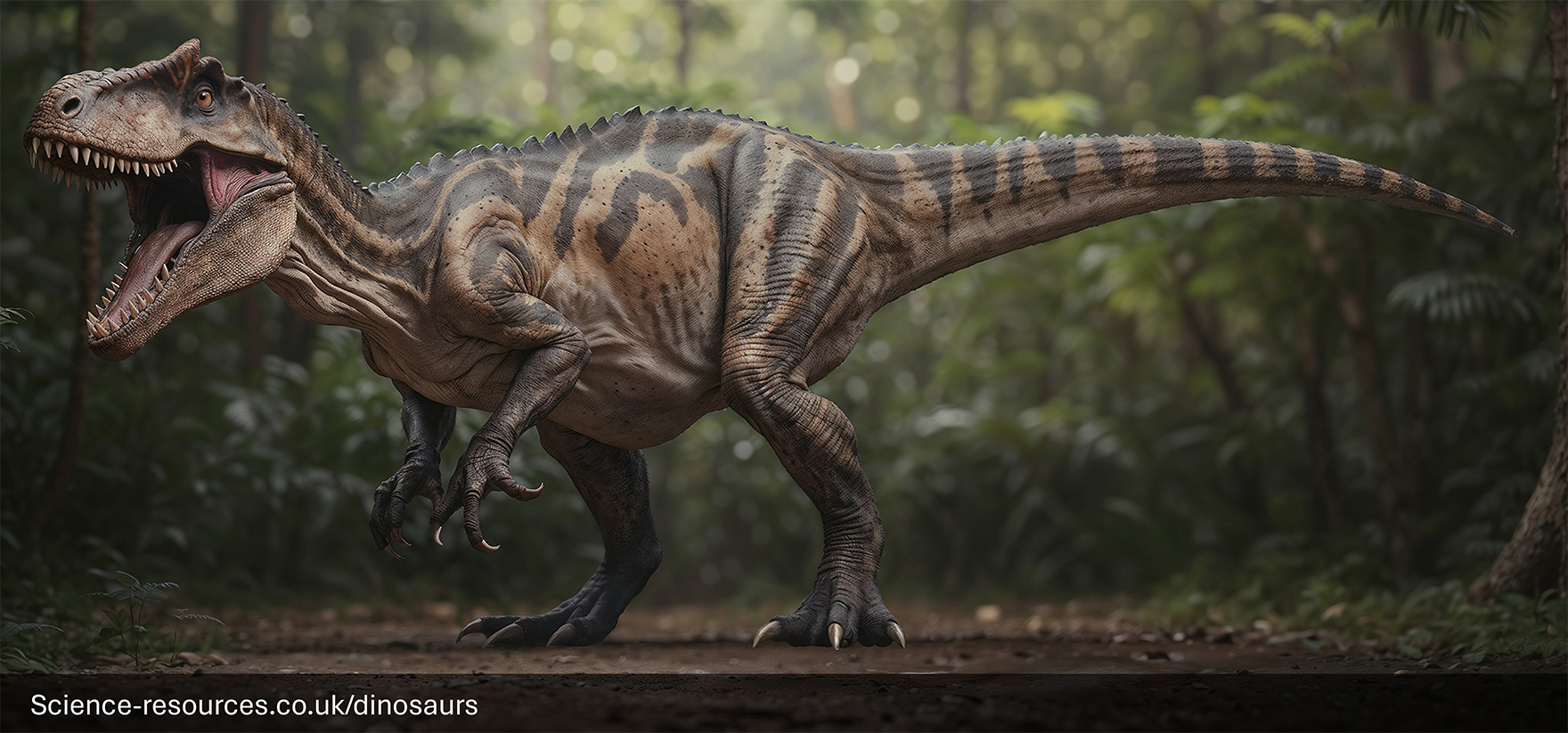 The image portrays a realistic rendering of an Neovenator dinosaur in a forest setting. The Neovenator is standing in the middle of a forest path, surrounded by dense green trees and vegetation.