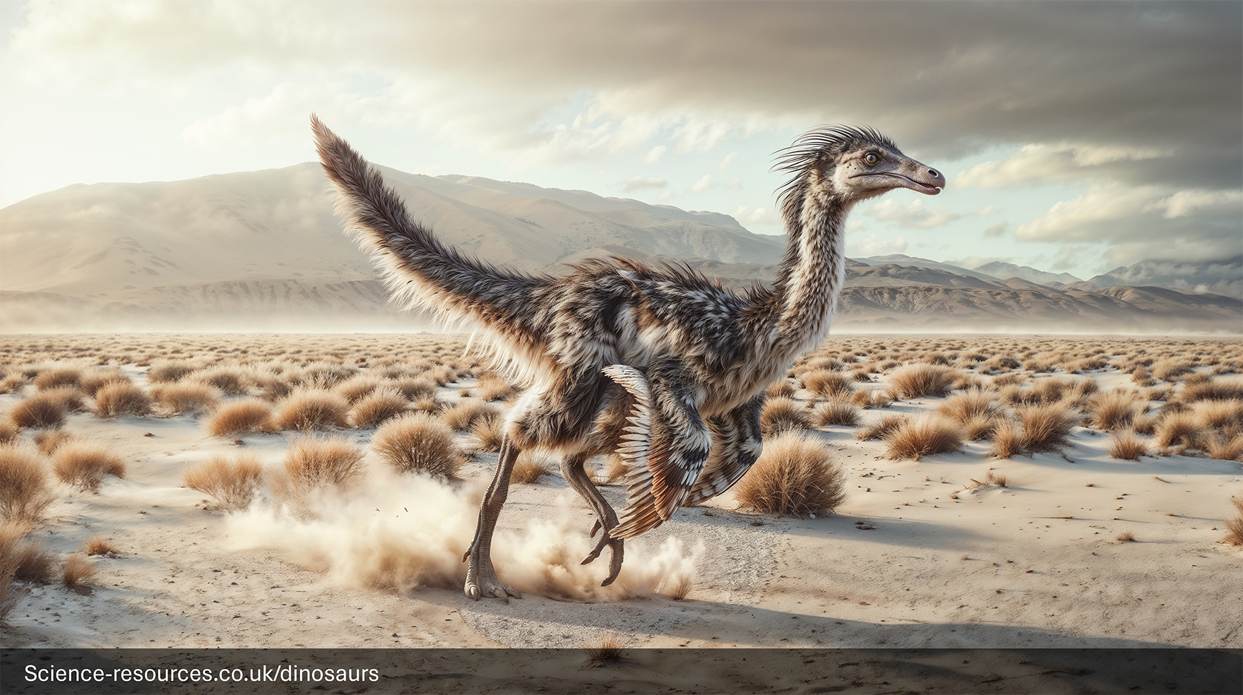 A realistic rendering of an Ornithomimus dinosaur in a prehistoric desert. 
