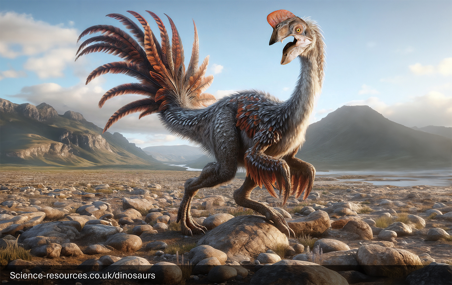 A realistic depiction of a feathered Ovirapto dinosaur in a natural setting. The dinosaur is adorned with grey and orange feathers, and it exhibits bird-like characteristics such as long legs, wings, and a beak. The background features mountains under a partly cloudy sky, and the rocky terrain is strewn with small stones.