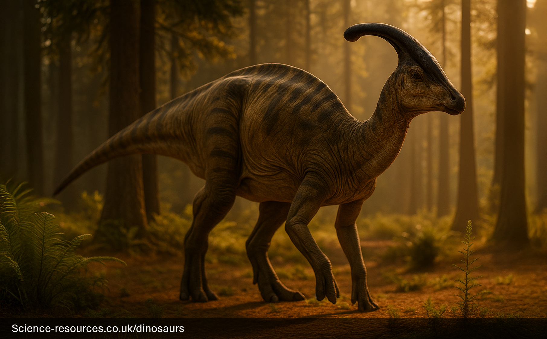 A realistic render of a Parasaurolophus Dinosaur in a prehistoric desert with volcanoes in the background.