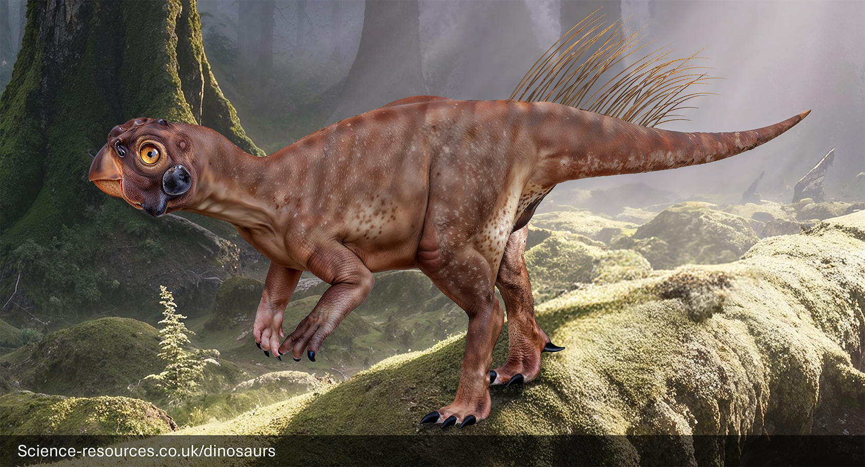 A realistic rendering of a Psittacosaurus dinosaur in a prehistoric foreest setting.