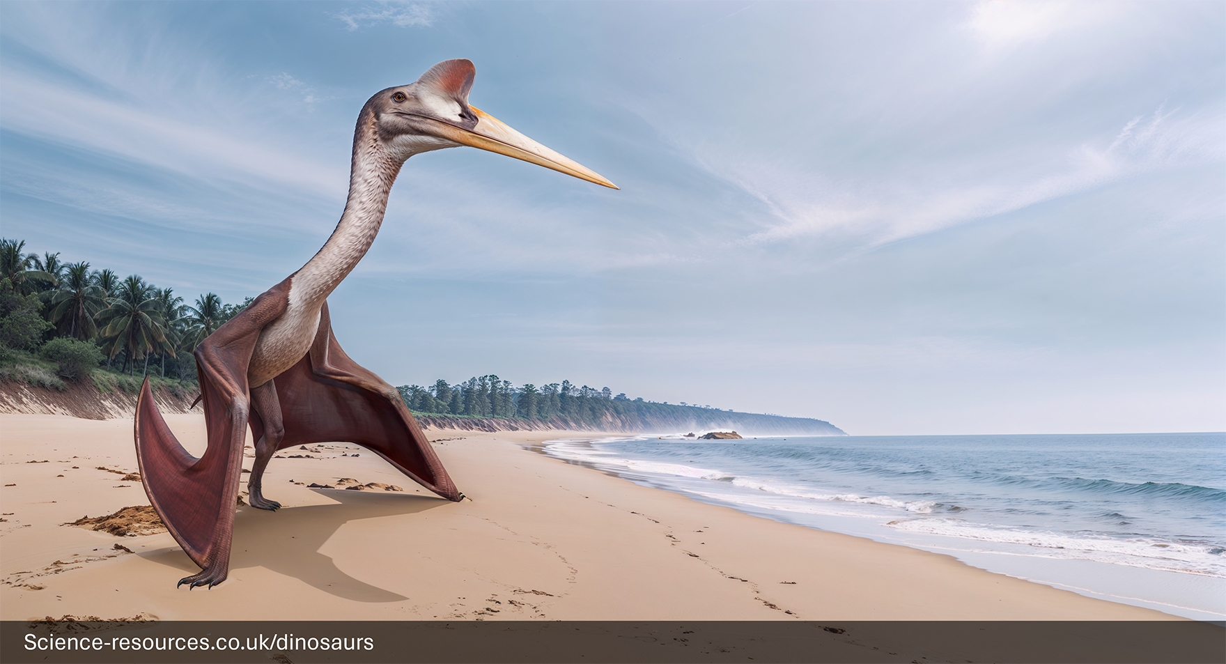 A realistic depiction of a Quetzalcoatlus perched on a cliff top overlooking a prehistoric ocean. In the background, other Quetzalcoatluss can be seen flying in the distance.