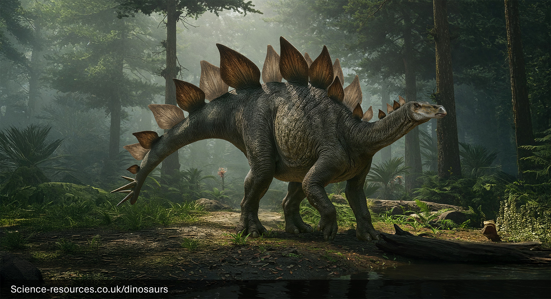 A realistic rendering of a Stegosaurus dinosaur in a forest setting. It’s surrounded by tall trees next to a river and the ground is covered with broken branches. Sunlight filters through the trees, casting an ethereal glow on the scene.