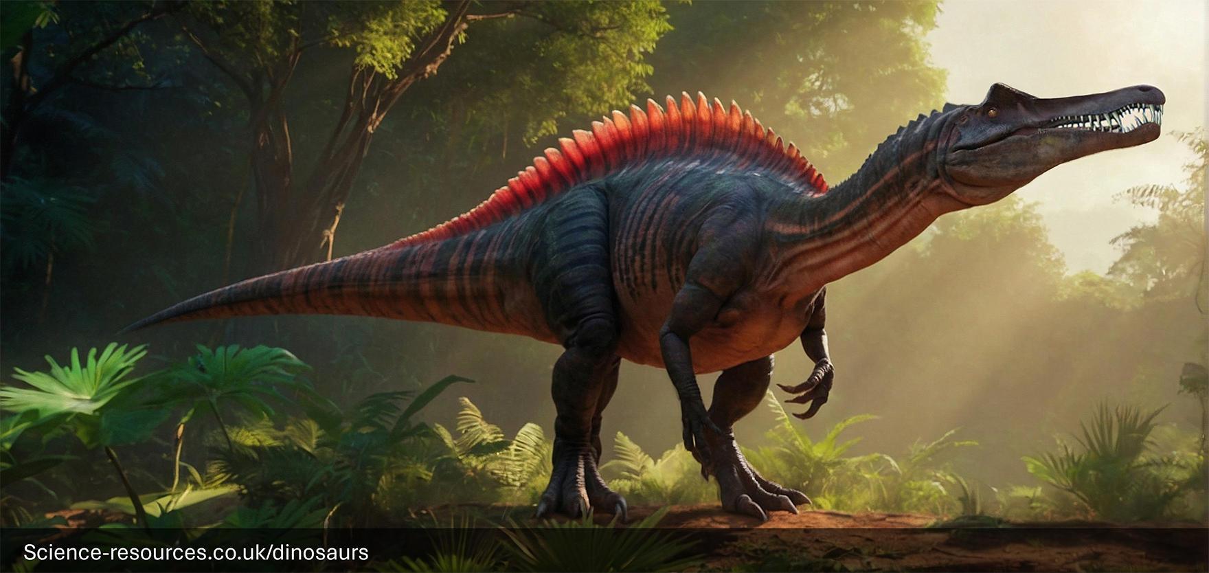 A lifelike rendering of a Suchomimus dinosaur with dark scales and red spines along its back, standing amidst green foliage under dappled sunlight.