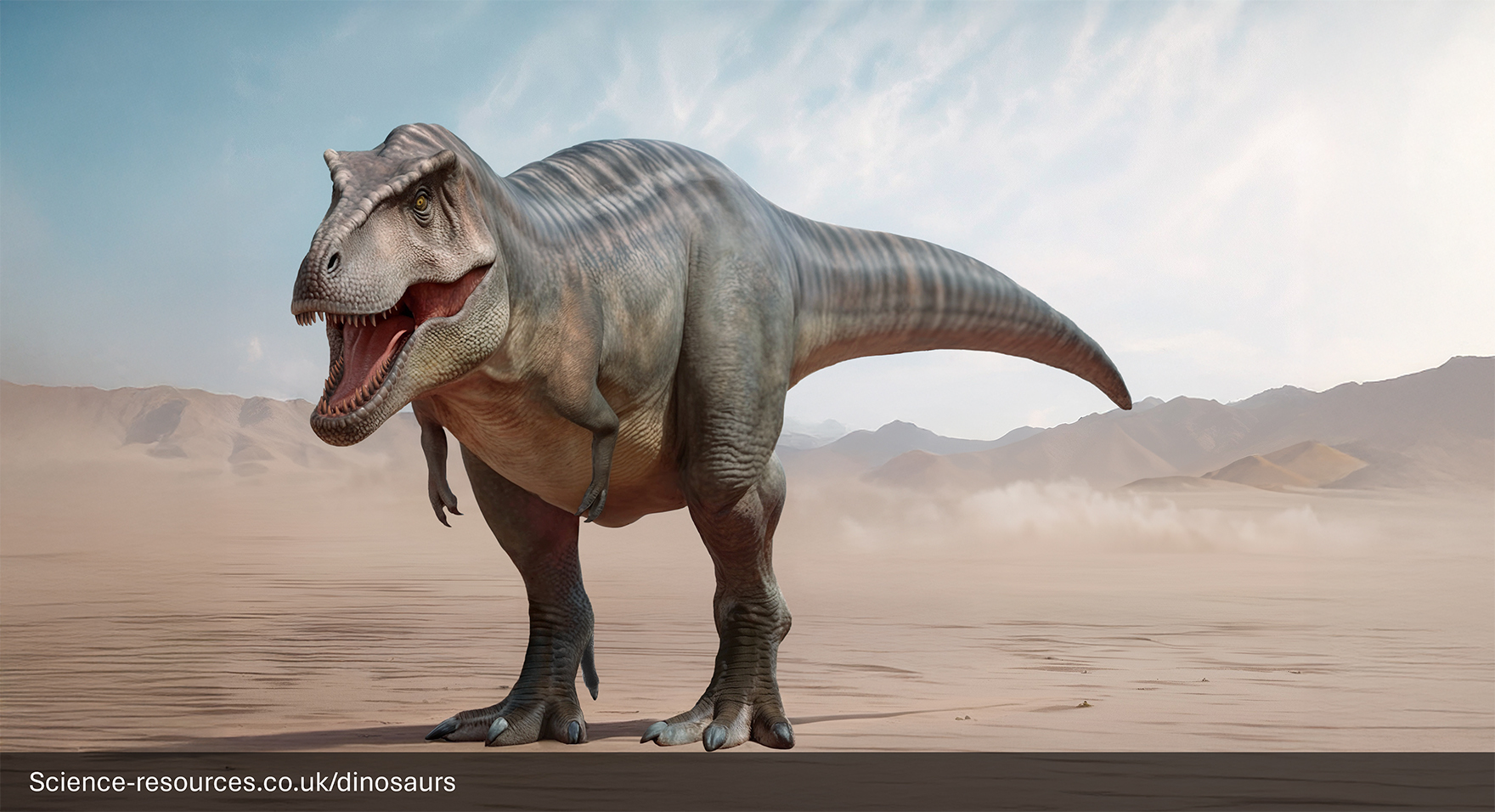 A realistic rendering of an Tarbosaurus dinosaur in a prehistoric desert setting. The dinosaur is shown mid-roar, with its mouth open wide, exposing its sharp teeth. It’s surrounded by sand dunes.
