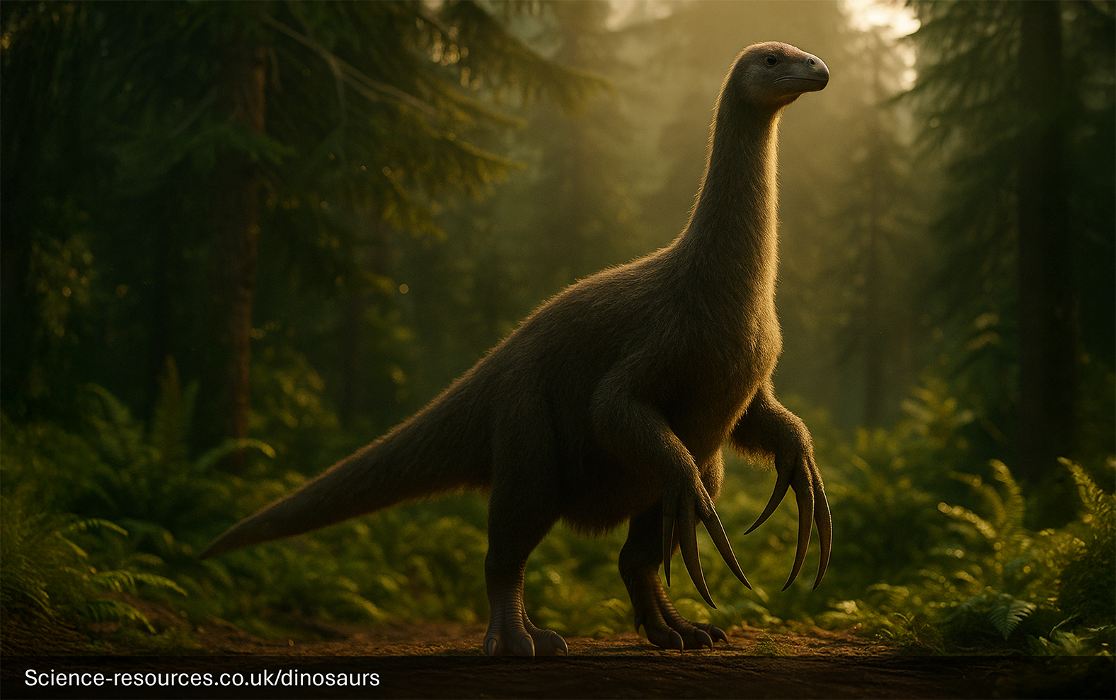 An artist’s depiction of a feathered Therizinosaurus dinosaur standing in a prehistoric forest clearing. 