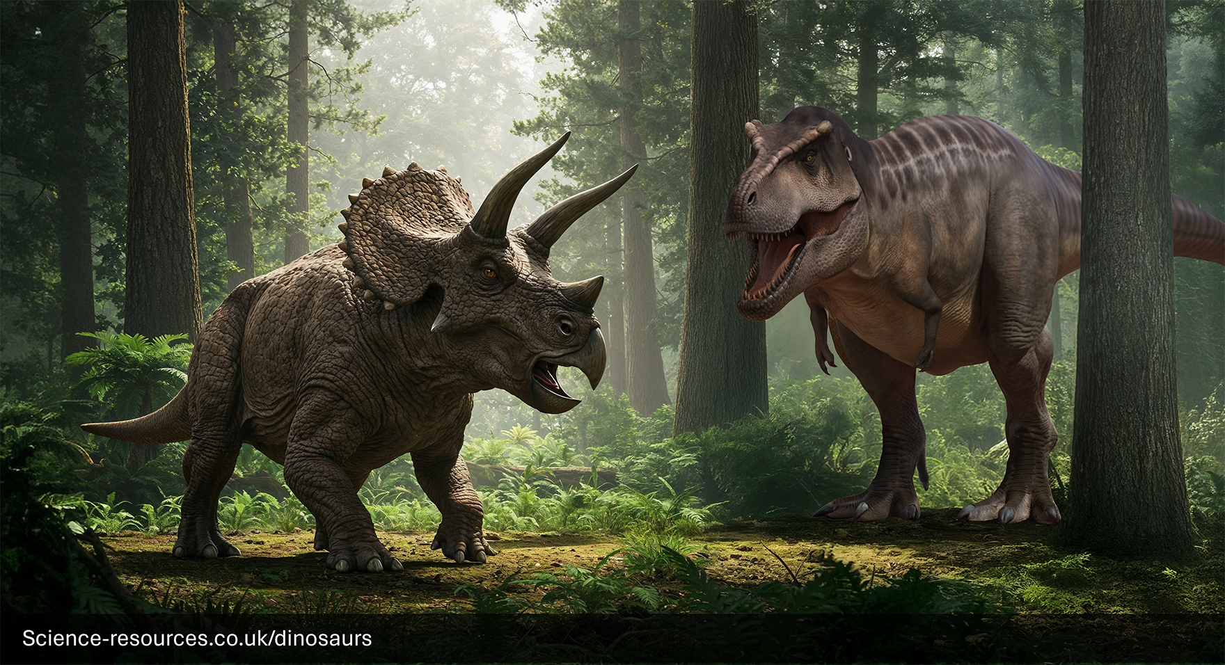 A dramatic scene of two dinosaurs in a face-off amidst a beautifully rendered prehistoric forest. The dinosaur on the left is a Triceratops, and the one on the right is a Tyrannosaurus rex. The forest is dense with tall trees, and the sunlight filtering through the foliage creates an ethereal atmosphere. 