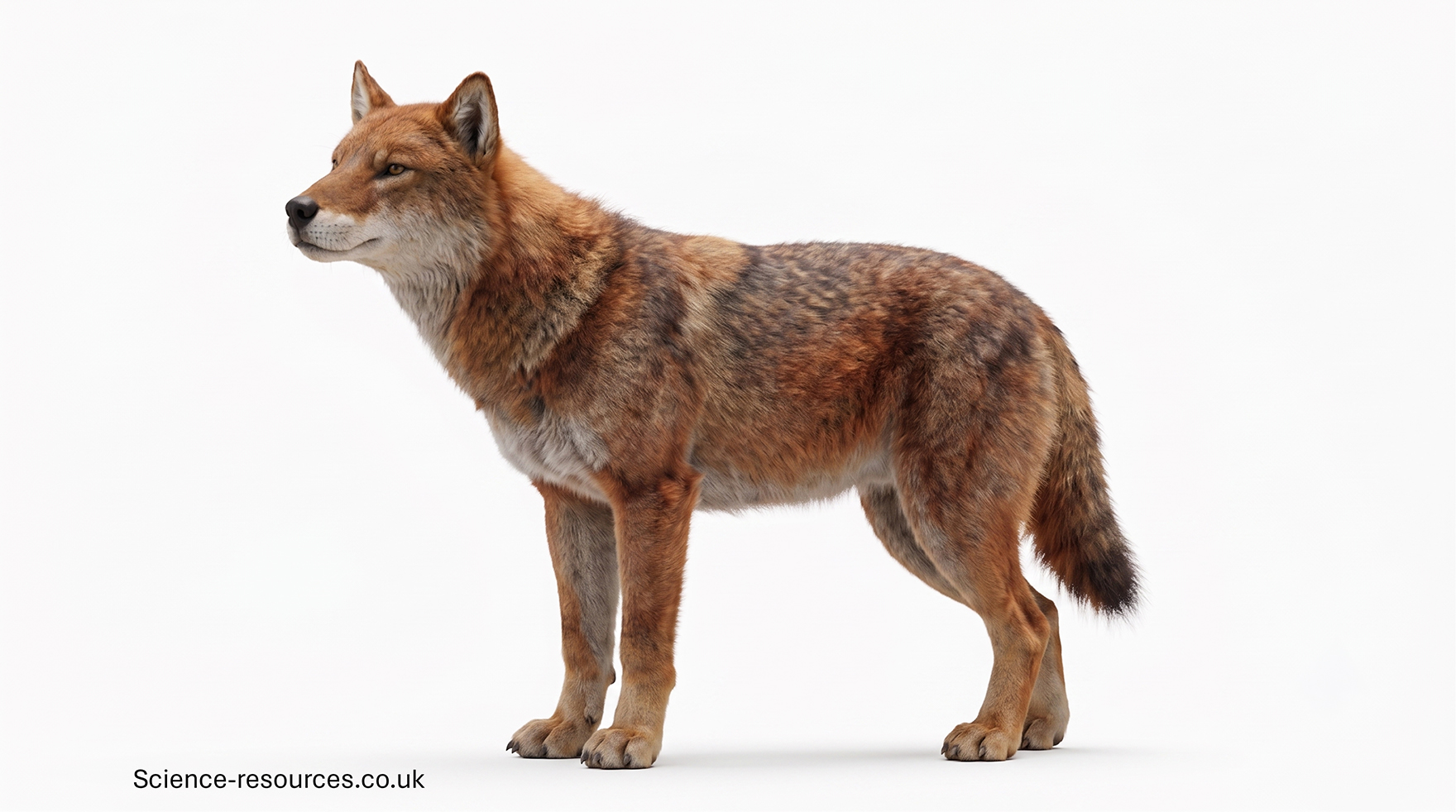 A realistic 3D model of a dire wolf on a white background.