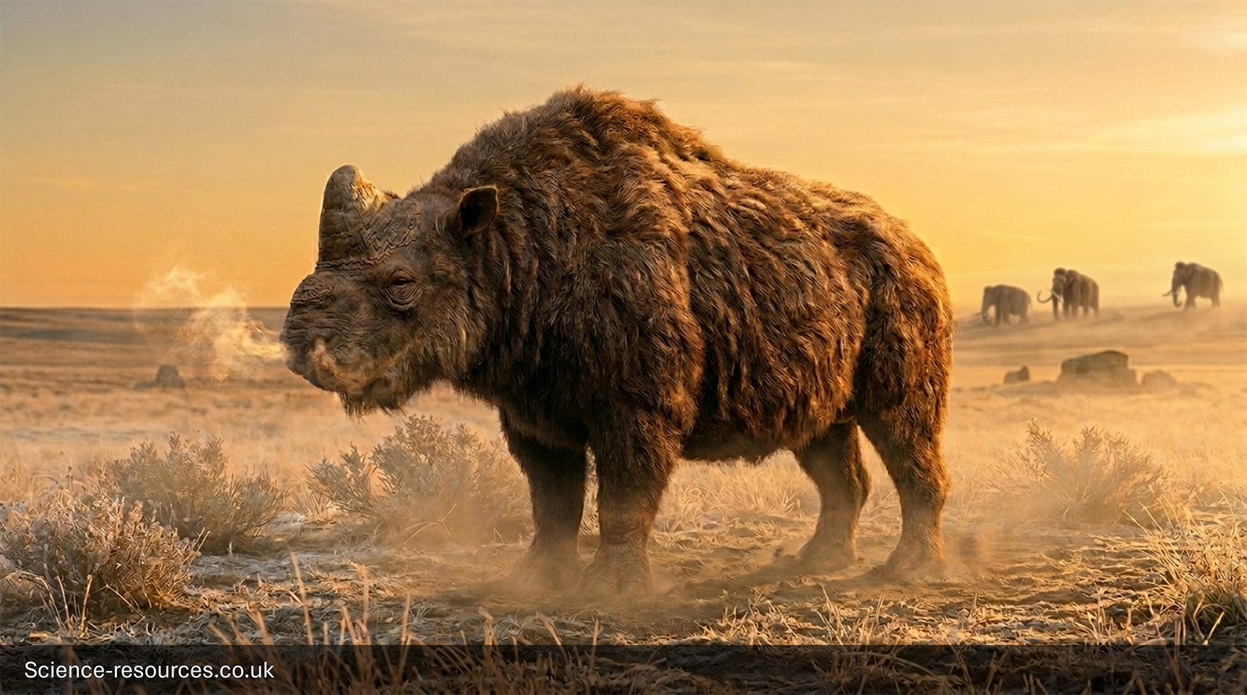 Elasmotherium, a large woolly prehistoric rhinoceros with a single prominent horn, stands in a frosty grassland with mist rising from its breath, while distant mammoths move across the landscape under a golden sky.