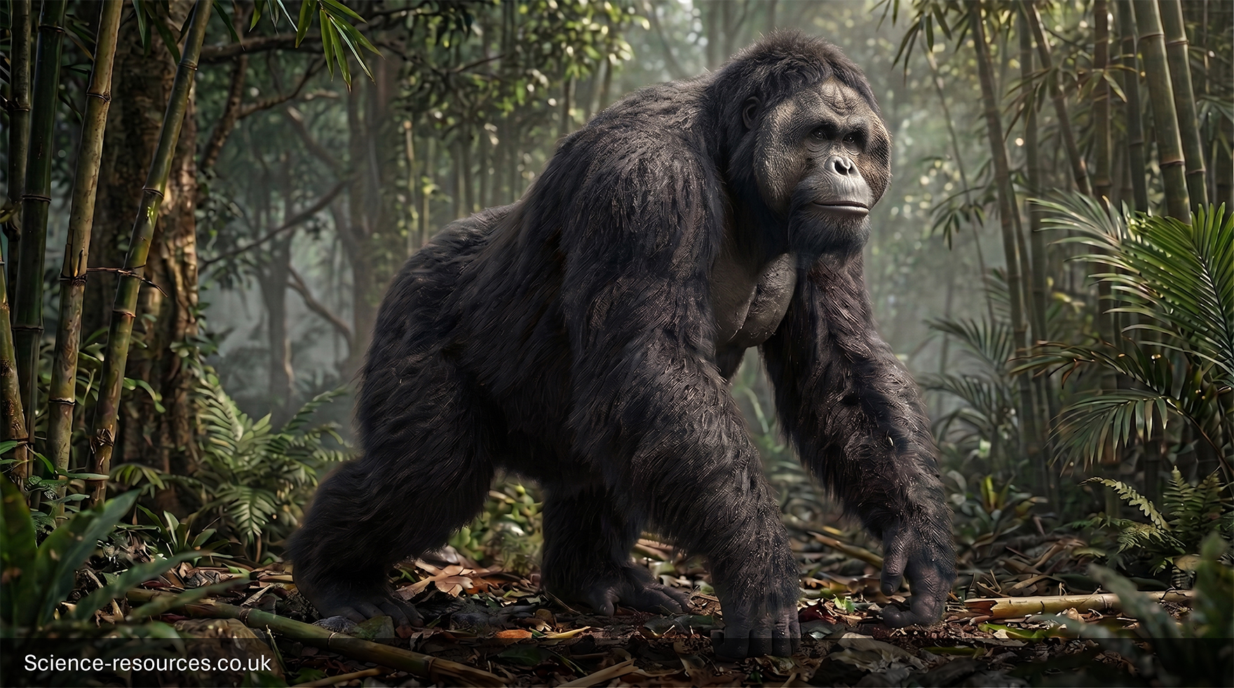Large, realistic depiction of Gigantopithecus moving on all fours through a dense bamboo forest. The giant ape dominates the foreground, with a massive, muscular body covered in thick, dark brown to black fur. Long, powerful arms extend forward, knuckles touching the forest floor in a knuckle-walking posture, while the broad shoulders and heavy torso emphasise its immense size. The face is flat and expressive with deep-set eyes, a wide nose and a prominent brow, resembling a gorilla but larger and more robust.
The environment features a lush, humid jungle setting filled with tall bamboo stalks, leafy undergrowth and scattered fallen leaves across the ground. Sunlight filters through the canopy above, creating soft beams and dappled light patterns on the Gigantopithecus fur and the forest floor. The background recedes into a misty, green-tinted haze, suggesting depth and dense vegetation.
Textures include coarse fur, smooth bamboo surfaces and damp earth with leaves and small branches. The colour palette is dominated by natural greens and browns with warm highlights from filtered sunlight.