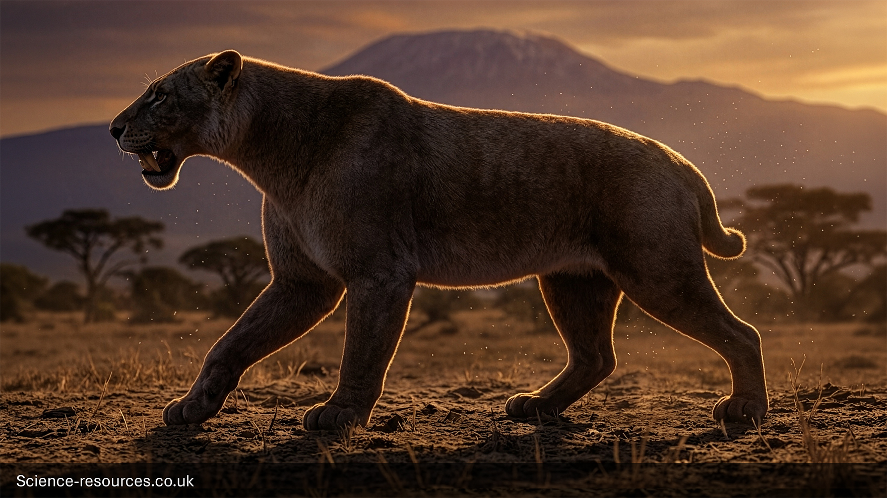 Homotherium, an extinct sabre toothed cat with shorter curved canines, strides across a dry savannah at sunset, with distant trees and a mountain silhouetted against a warm glowing sky.