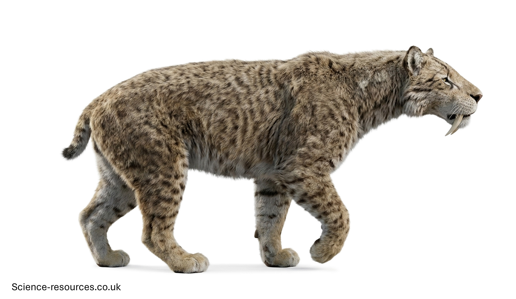Smilodon_fatalis_3D A highly detailed 3D model of Smilodon fatalis on a white background,