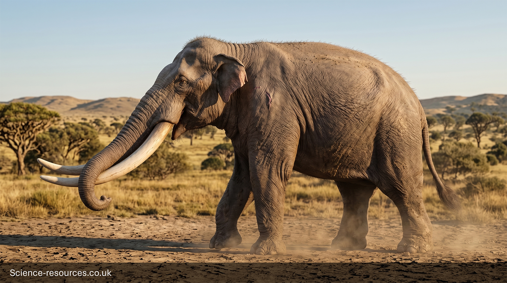 Stegodon, an extinct elephant like mammal with long slightly curved tusks and a trunk, walks across a dusty savannah dotted with scattered trees and low hills in warm sunlight.
