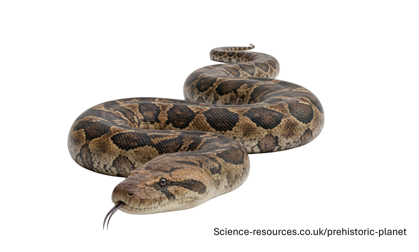 A photo realistic image of a Titanoboa (giant prehistoric snake) on a white background.