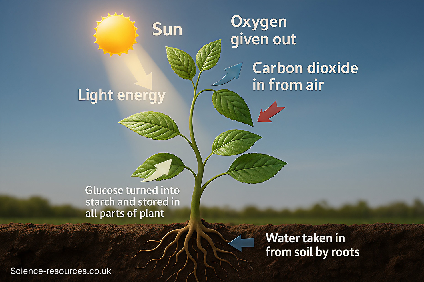 Photosynthesis A diagram shows a green plant growing above dark soil, with its roots spreading downwards. At the top left, a bright yellow sun shines, and a labelled arrow points from the sun to the plant with the words “Light energy”. Arrows around the plant illustrate the main inputs and outputs of photosynthesis. A blue arrow near the upper leaves points outward with the label “Oxygen given out”. A red arrow points towards the leaves from the right with the label “Carbon dioxide in from air”. At the bottom, a blue arrow points into the roots with the label “Water taken in from soil by roots”. A white caption near the stem states “Glucose turned into starch and stored in all parts of plant”. The background shows a soft blue sky above a horizon of blurred green vegetation.