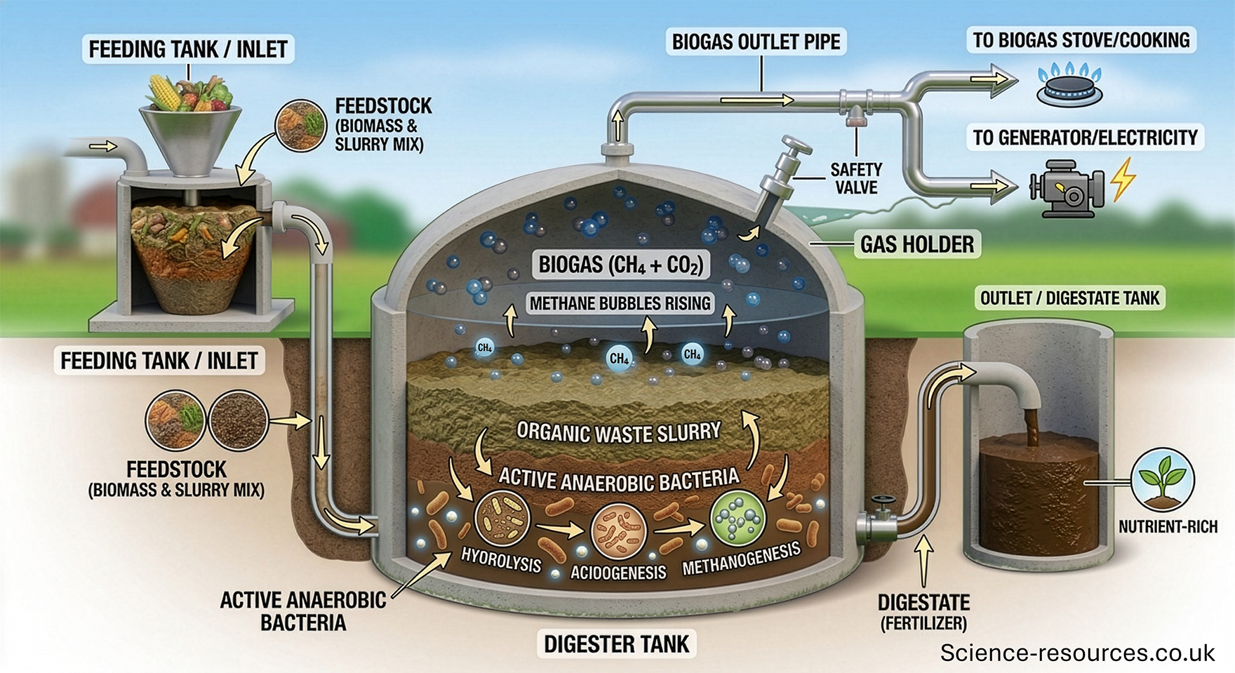 A detailed 3D diagram illustrating the components and process of a fixed-dome biogas digester. It shows a feeding tank on the left where organic feedstock (biomass and slurry mix) is added. A pipe transports the mixture underground to a large, concrete digester tank. The tank’s cross-section reveals layered organic waste slurry with active anaerobic bacteria indicated. Smaller circles provide a close-up look at the multi-stage decomposition process: hydrolysis, acidogenesis, and methanogenesis. Rising bubbles label 'CH4' represent methane being produced and collecting in the gas holder at the top of the tank, mixed with CO2 to form biogas. A 'biogas outlet pipe' with a safety valve runs from the top of the digester, branching to a burning biogas stove and an electricity generator. On the right, an 'outlet/digestate tank' collects the nutrient-rich, digested slurry which is then used as fertilizer. The background shows a modern farm setting with green fields and a barn, emphasizing the sustainability aspect.