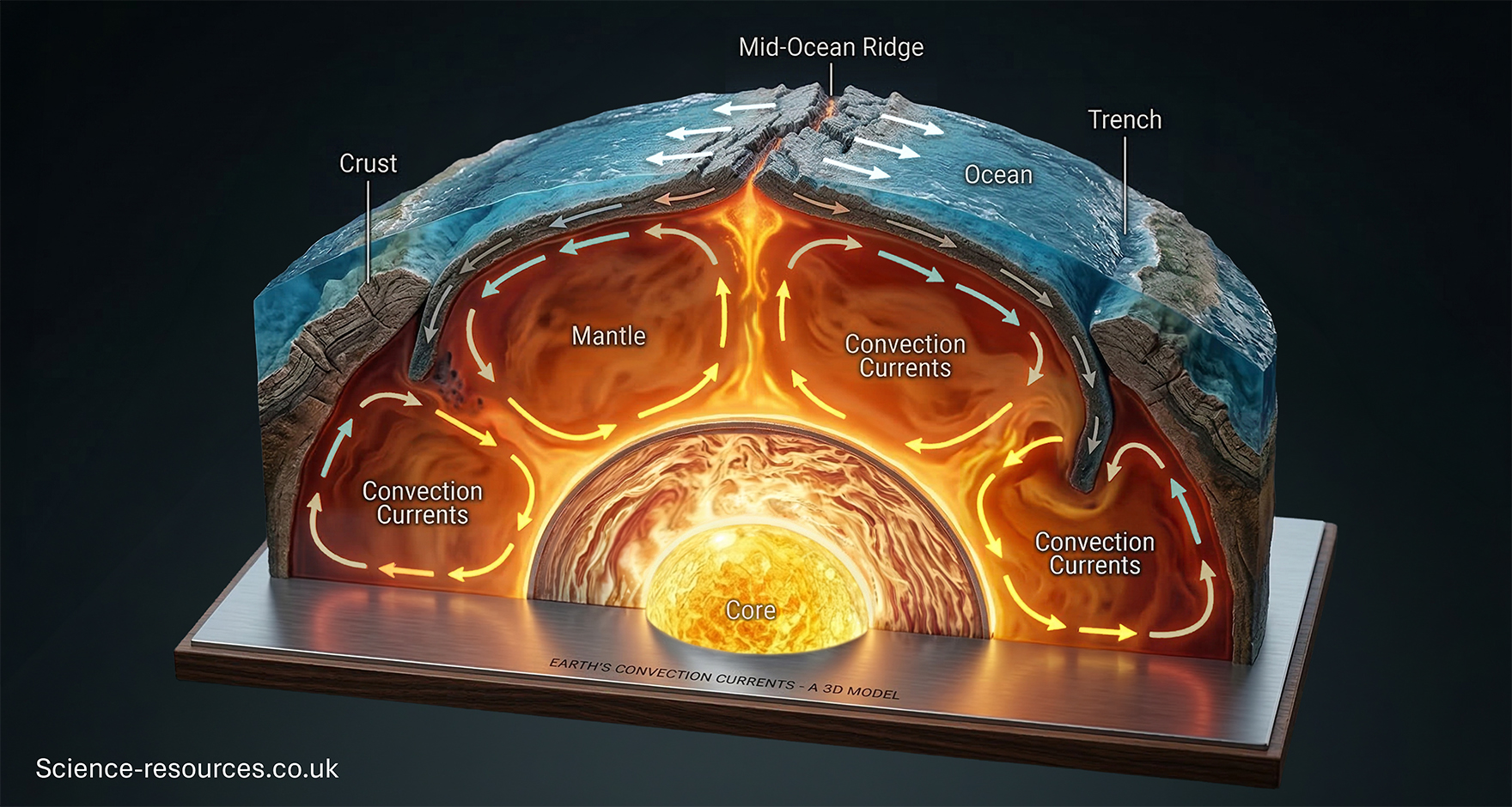 A detailed 3D cross‑section model of the Earth displays the crust, ocean, mid‑ocean ridge, trench, mantle, asthenosphere, and core. The upper layer shows blue ocean water and sections of the rocky crust on either side. A raised mid‑ocean ridge appears at the centre with white arrows on the surface indicating the outward movement of tectonic plates. On the right side, the crust dips sharply downward into a deep trench.
Below the crust, the mantle and asthenosphere are shown in glowing orange and red tones. Multiple curved arrows within these layers represent convection currents, forming looping paths: hot mantle material rises from deep regions near the core, moves outward beneath the crust, then sinks back down near the trench. At the bottom, the bright yellow core emits an intense glow, highlighting the heat source that drives the circulating currents. The model rests on a base labelled “Earth’s Convection Currents – A 3D Model”.