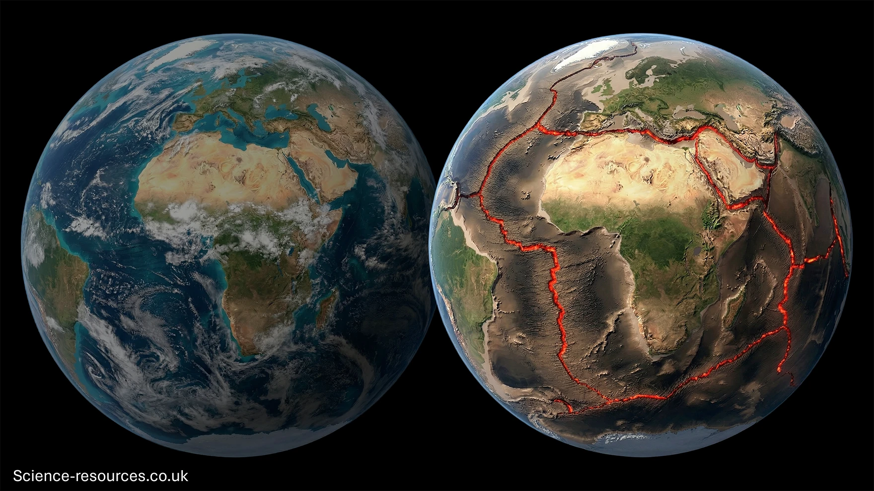 A widescreen image showing two globes of Earth side by side against a black background. Both globes display Africa at the centre, with parts of Europe, the Middle East, and the surrounding oceans visible.
The globe on the left shows Earth with natural satellite imagery only. Continents appear in realistic colours, including sandy deserts across northern Africa, green regions around central Africa, and cloud formations swirling over the Atlantic Ocean. Ocean surfaces show varying shades of blue, and the planet is lit from the upper left, creating gentle shading on the right side.
The globe on the right uses the same satellite base imagery but includes bright red lines marking tectonic plate boundaries. These red lines trace the edges of the African Plate and surrounding plates, running through the Atlantic Ocean, the Mediterranean region, the East African Rift area, and the Indian Ocean. The shading and terrain textures are more pronounced, highlighting mountain ranges, ridges, and ocean floor features.
The two globes together illustrate the difference between a natural, unmarked Earth view and a geological map emphasising global tectonic structure.