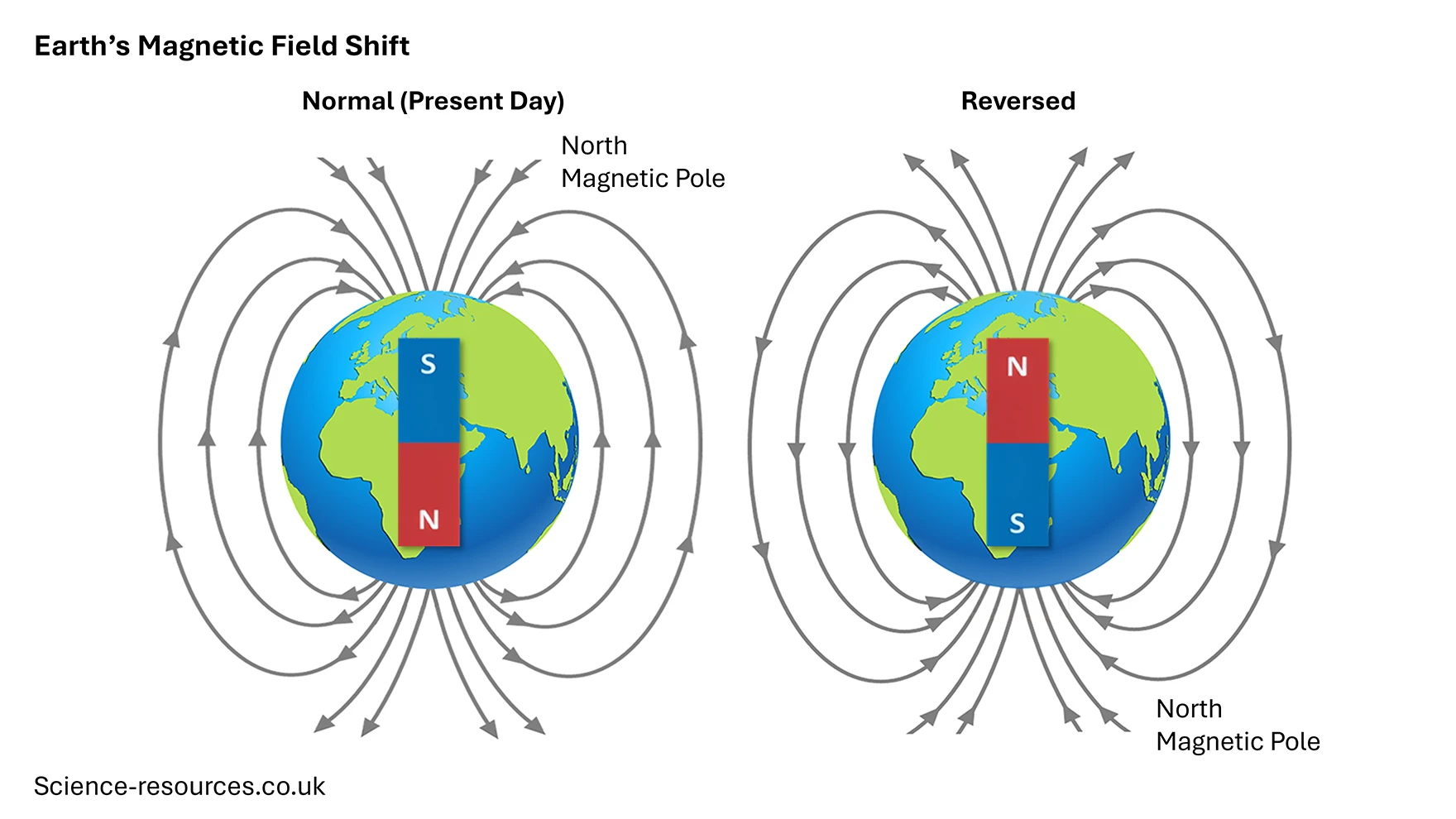 Earths_magnetic_field_shift A scientific diagram compares the Earth’s magnetic field in its normal present-day configuration with a reversed polarity state. The illustration shows two globes side by side against a white background.
On the left, the “Normal (Present Day)” Earth is depicted with the geographic continents clearly visible. A vertical bar magnet is positioned through the centre of the globe, with the blue “S” (south magnetic pole) at the top and the red “N” (north magnetic pole) at the bottom. Curved grey magnetic field lines arc outward from the magnetic south near the top of the globe, loop around in symmetrical curves, and converge again at the magnetic north near the bottom. An arrow near the top labels the “North Magnetic Pole”.
On the right, a second Earth is labelled “Reversed”. In this version, the bar magnet is flipped so that the red “N” is at the top and the blue “S” is at the bottom. The grey magnetic field lines reverse direction accordingly, emerging from the top and curving around the planet before entering at the bottom. The “North Magnetic Pole” label is placed near the lower pole of the reversed magnet.
Both diagrams include consistent colour schemes, with blue oceans, green and yellow landmasses, and grey arrows showing the flow of magnetic field lines.