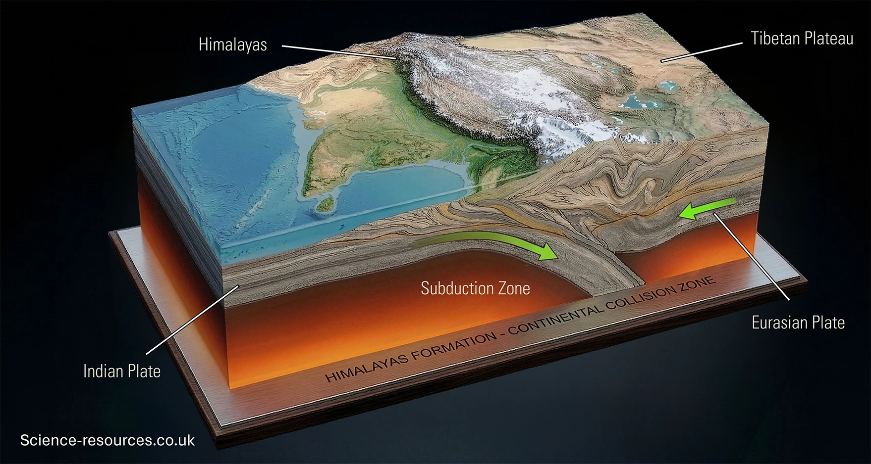 Himalayas_Formation A high‑resolution 3D geological model shows how the Himalayan mountain range formed through the collision between the Indian Plate and the Eurasian Plate. The model is displayed as a rectangular block with the upper surface representing satellite‑style terrain and the lower interior revealing cross‑sections of the Earth’s crust and mantle.
The top surface shows the green lowlands of northern India rising sharply into the jagged, snow‑covered Himalayas, which run horizontally across the centre of the model. To the north, a pale, dry, elevated region represents the Tibetan Plateau.
The interior of the block reveals folded and compressed rock layers. The Indian Plate is shown on the left, coloured in warm brown tones and angled downward beneath the Eurasian Plate on the right, illustrating a clear subduction zone in the centre. The Eurasian Plate displays tightly folded, uplifted strata that rise toward the Himalayas above. Two large green arrows show the direction of plate movement: the Indian Plate pushing northward and the Eurasian Plate resisting, causing crustal shortening and uplift. A glowing orange lower layer represents hotter, deeper mantle regions.
Text labels point to major features, including “Indian Plate,” “Subduction Zone,” “Himalayas,” “Tibetan Plateau,” and “Eurasian Plate.” At the base is the caption: “Himalayas Formation – Continental Collision Zone.”