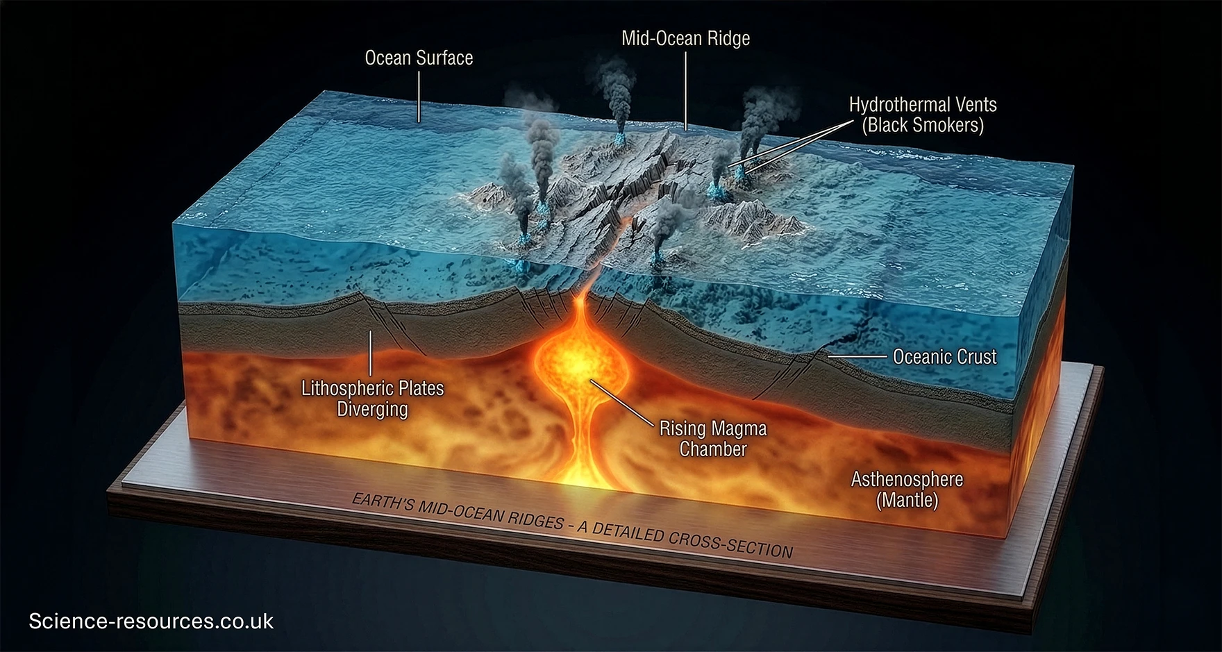 A detailed 3D scientific cross‑section model shows the structure of a mid‑ocean ridge beneath the ocean. The top of the model displays the blue ocean surface with gentle texture suggesting water. Below the surface, the seafloor is shown as uneven, rocky terrain forming a long ridge running horizontally across the image. Dark grey hydrothermal vents, labelled Hydrothermal Vents (Black Smokers), release streams of dark smoke‑like plumes into the surrounding water.
The central part of the ridge is labelled Mid‑Ocean Ridge, positioned where the two sides of the oceanic crust pull apart. The crust itself is shown as a layered, textured region labelled Oceanic Crust. Beneath the crust are two diverging slabs labelled Lithospheric Plates Diverging, sloping downward on either side of a central vertical gap.
In the middle of the cross‑section is a bright orange and yellow glowing area labelled Rising Magma Chamber, representing hot molten rock moving upward from deeper layers. This magma plume originates from a wider, deeper orange region at the base of the block labelled Asthenosphere (Mantle). The mantle layer contains swirling patterns that give the impression of intense heat and movement.
At the bottom front edge of the model is a label reading Earth’s Mid‑Ocean Ridges – A Detailed Cross‑Section.  The overall image illustrates how magma rises at a divergent plate boundary to form new oceanic crust and hydrothermal vent systems.