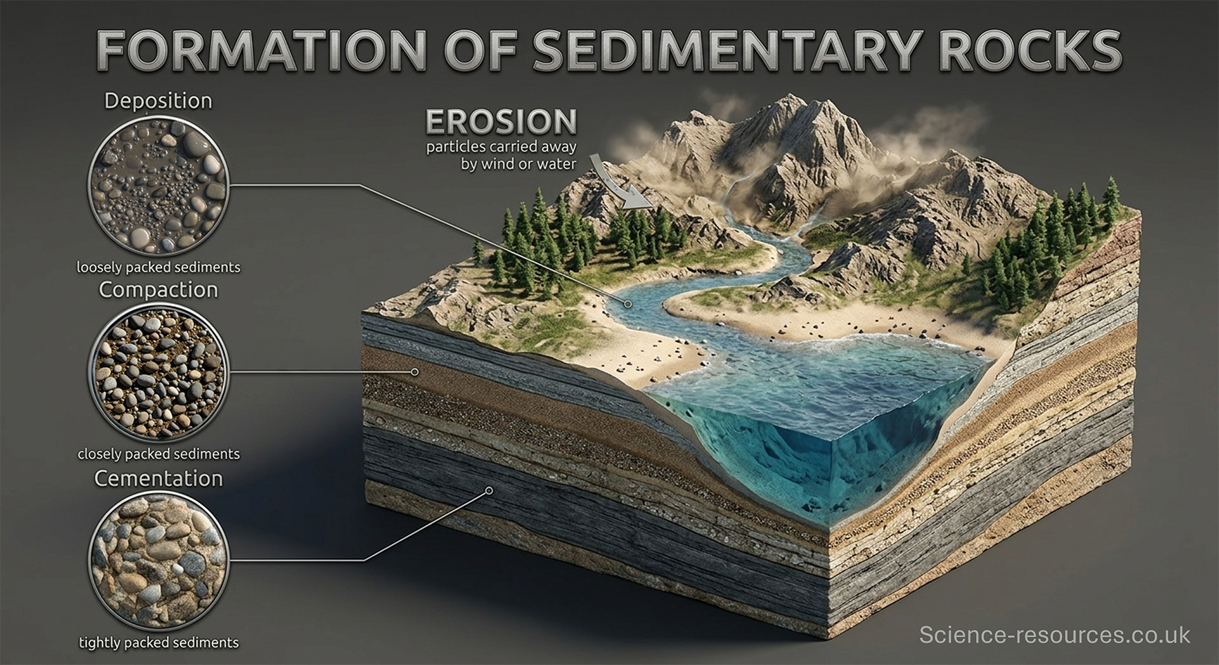A hyper-realistic 3D isometric cross-section of a landscape, styled as a professional CGI render (Blender/3DS Max) on a clean, dark gray studio background. The model illustrates the stages of sedimentary rock formation.

The Landscape:
At the top of the "block," a detailed mountain range features jagged, realistic rock textures and light mist. A river flows from the mountains down to a small bay of translucent blue water. Green coniferous trees and sandy beaches line the coast. An arrow at the top right points from the mountains toward the water, labeled "EROSION: particles carried away by wind or water."

The Underground Strata:
The side of the block reveals multiple geological layers (strata) in varying shades of brown, gray, and tan, showing realistic textures of compressed sand, silt, and pebbles.

The Process Circular Callouts:
To the left, three glass-like circular magnifying bubbles are connected to specific layers by thin lines:

Deposition: The top bubble shows large, loosely arranged river stones and pebbles submerged in water, labeled "loosely packed sediments."

Compaction: The middle bubble shows smaller pebbles pressed closely together with minimal space between them, labeled "closely packed sediments."

Cementation: The bottom bubble shows pebbles fused together by a solid, sandy matrix, labeled "tightly packed sediments."

The title "FORMATION OF SEDIMENTARY ROCKS" is displayed in bold, 3D metallic-style lettering at the top of the frame.