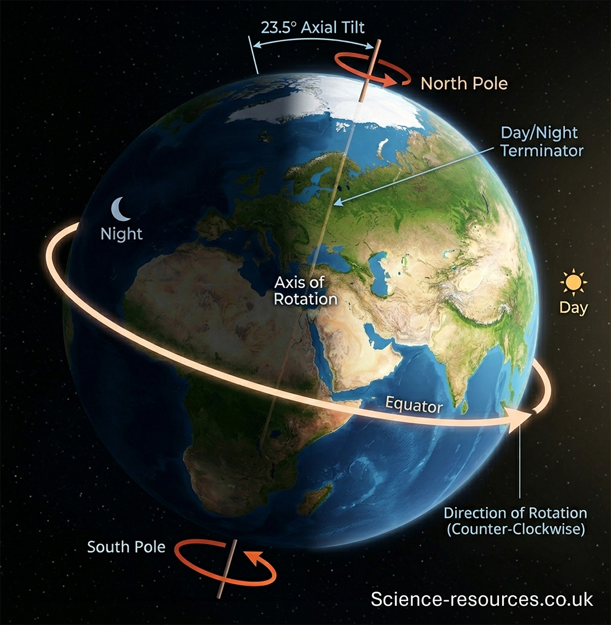 detailed scientific diagram of planet Earth in space, set against a dark, starry background. The image, a realistic illustration, clearly labels and explains the concept of Earth's axial tilt and rotation. The central element is Earth, viewed from space and focused on Europe, Africa, and Asia, with the planet's surface half illuminated (the right side) and half in shadow (the left side). A central line, labeled 'Axis of Rotation', passes through the North Pole and South Pole, with smaller rotational arrows at both ends indicating motion. At the top of the image, a text label and a curved line point to the precise angle, '23.5° Axial Tilt'. On the shadowed left side, a crescent moon icon and the text 'Night' identify the period of darkness. On the illuminated right side, a sun icon and the text 'Day' identify the period of daylight. The sharp boundary line between the day and night sides is labeled 'Day/Night Terminator'. A prominent glowing arrow is seen orbiting the equator, labeled 'Equator' with a pointer, and it is explicitly connected to a text box which reads 'Direction of Rotation (Counter-Clockwise)'. The overall layout uses clean white text with connecting lines to different parts of the planet.