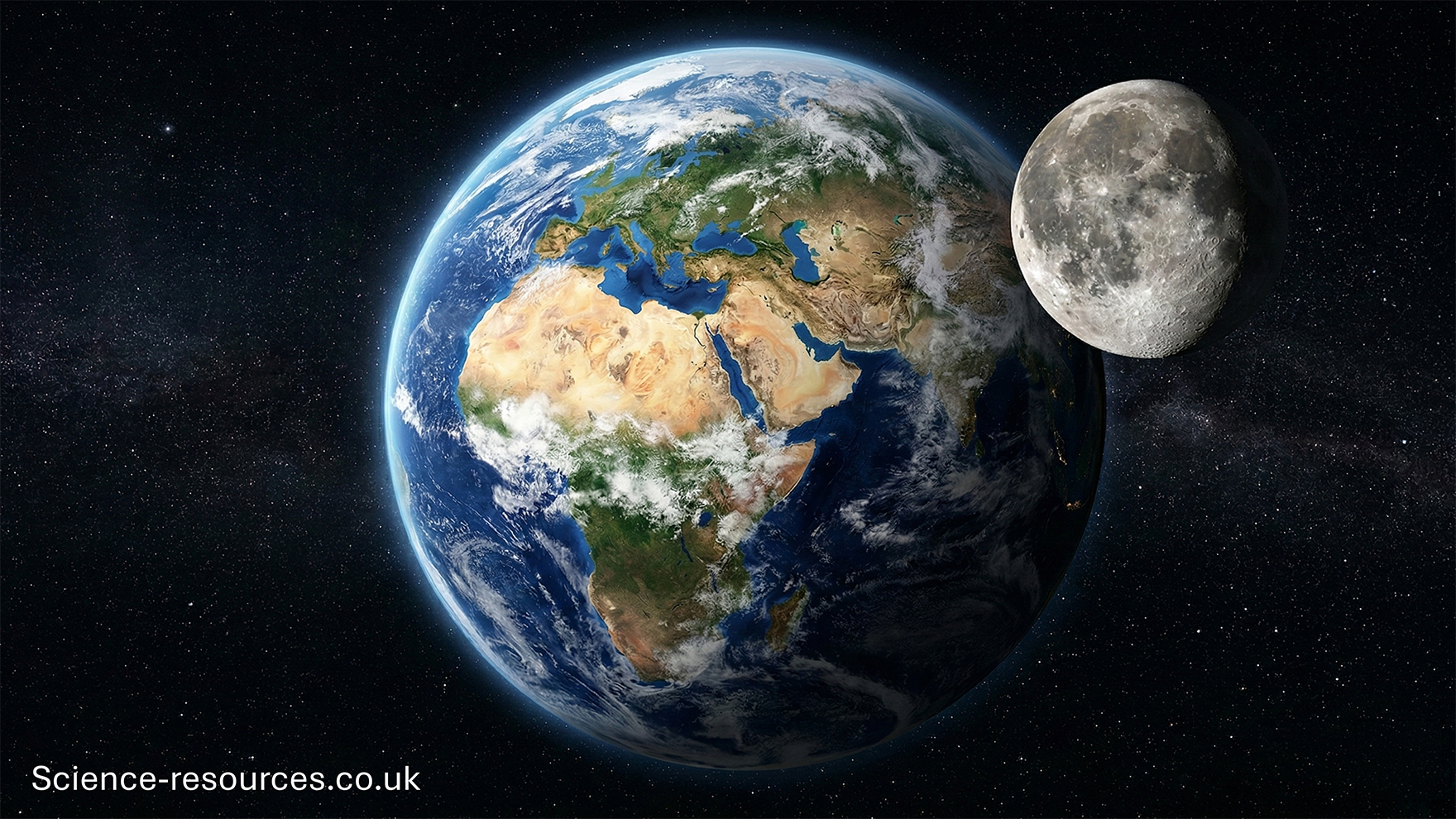 A photorealistic, wide-angle composition of Earth and the Moon set against the deep black void of space. The Earth is positioned in the centre, showing the vibrant blue oceans and brown-green landmasses of Africa and Europe, partially shrouded by swirling white clouds.

On the right side of the frame, separated by a wide gap of space, is the Moon, showing its cratered, grey surface in sharp detail. A subtle glow of the Milky Way galaxy creates a misty horizontal band across the center of the image, connecting the two celestial bodies. The background is filled with a dense, shimmering field of distant stars.