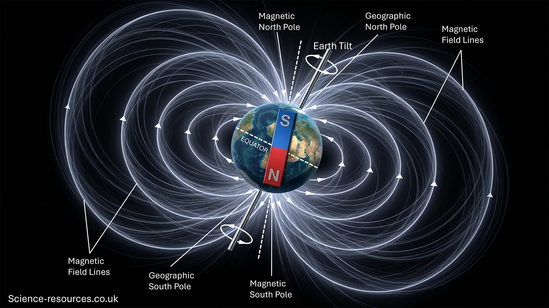 A dark background displays a stylised scientific diagram of Earth’s magnetic field. At the centre of the image is a detailed globe showing continents, cloud patterns, and oceans. A large vertical bar magnet is superimposed through Earth’s centre, with a blue section labelled S at the top and a red section labelled N at the bottom. The word EQUATOR appears horizontally across the middle of the globe.
Surrounding Earth are numerous curved white lines representing magnetic field lines. These lines arc outward from the magnetic south pole near the bottom of the bar magnet and loop around to return near the magnetic north pole at the top. The field lines form symmetrical, overlapping loops that extend far into the space around the planet.
Several labels in white text identify key features. At the top right is Geographic North Pole, while slightly left of it is Magnetic North Pole. Near the bottom of the globe are Geographic South Pole and Magnetic South Pole. On the upper right side, a curved white arrow indicates Earth Tilt. Additional labels reading Magnetic Field Lines appear on both the left and right sides of the diagram, connecting to the curved field lines.
The overall image illustrates how Earth’s magnetic field extends outward into space, the difference between geographic and magnetic poles, and the orientation of the planet’s magnetic dipole.