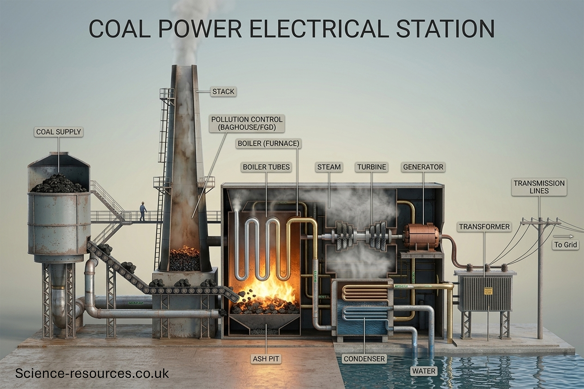 A detailed, 3D computer-generated cross-section diagram illustrating the inner workings of a coal power plant. The image features a realistic, industrial art style with textured metals, glowing fire, and fluid water. Bold, metallic 3D text at the top reads "Coal Power Electrical Station."

The diagram flows from left to right, detailing the power generation process with corresponding text labels:

Fuel Supply: On the far left, a tall, weathered metal silo labeled "coal supply" holds black coal. The coal feeds onto an angled conveyor belt.

Conveyor & Stack: The conveyor belt carries the "coal" downward and across into the main building. Behind the conveyor stands a tall, tapered smokestack labeled "stack," which is emitting a plume of thick grey smoke into the sky.

Combustion: The coal drops off the conveyor into the bottom of a large chamber labeled "boiler (furnace)." A bright, glowing fire burns the coal at the base.

Steam Generation: Above the fire inside the furnace, a serpentine metal pipe heats up. The heated pipe travels into the next chamber, where it generates thick white vapor labeled "steam."

Power Generation: The steam flows through a multi-bladed "turbine," which sits on a central horizontal rotating shaft. This shaft connects directly into a cylindrical "generator" to the right.

Cooling System: Below the turbine, the steam enters a "condenser." Pipes cycle down into a cross-sectioned pool of blue "water" at the bottom right of the image, illustrating the cooling process that turns the steam back into liquid.

Power Distribution: To the right of the generator, conduits lead out to a boxy electrical transformer. From the transformer, wires extend up to a classic wooden utility pole, labeled "transmission lines."