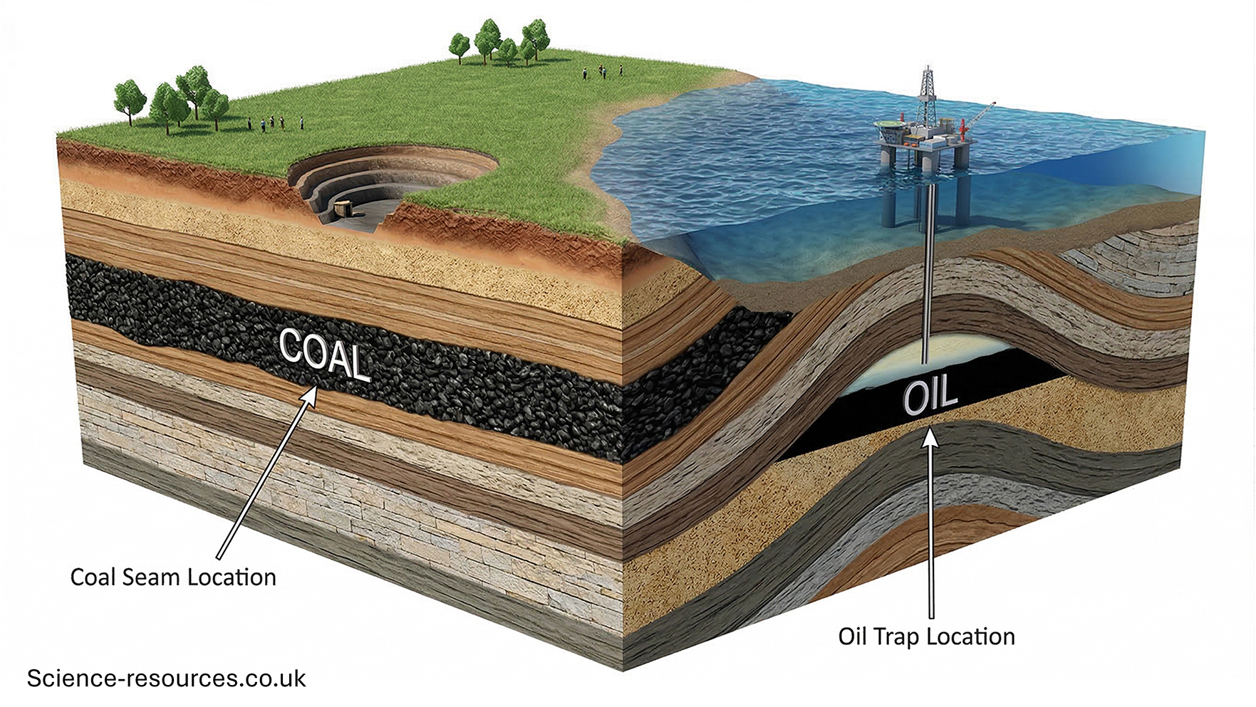 Cross-Section of Coal and Oil Formations This is a detailed cross-section diagram of a landmass transitioning into the sea. The image shows several distinct rock layers or strata beneath a grassy landscape with a few trees and people. A large, circular, multi-tiered open-pit mine is visible on the left, labeled with an arrow as "Coal Seam Location" pointing to a thick, black layer of "COAL" running horizontally through the bedrock.
On the right, an offshore oil platform is positioned in the ocean, with its drilling rig extending down through the water and deep into a large, folded geological structure (an anticline) where a pool of black liquid is trapped, labeled with an arrow as "Oil Trap Location" and text "OIL." A third arrow on the far right points to various rock types and is labeled "Geological Context," illustrating the stratification of sandstone, shale, limestone, and other sedimentary rocks. The diagram effectively contrasts the shallow coal seam with the deep-sea oil reservoir, all within a layered geological framework.
