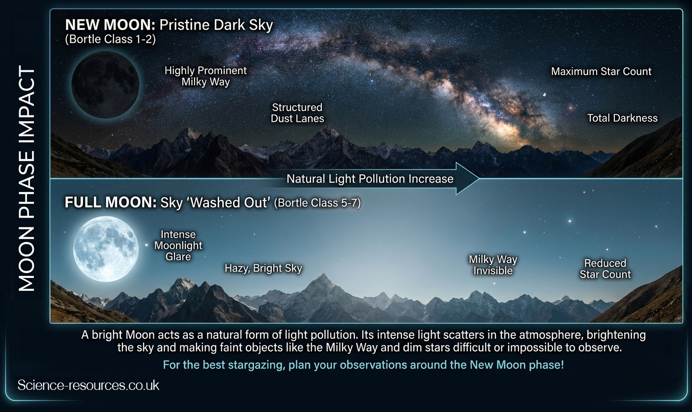 A split image comparing the night sky during two different Moon phases.
The top half shows a New Moon over a mountain landscape under a very dark sky. The Milky Way stretches clearly across the sky with bright, dense star fields and visible dust lanes. Labels highlight maximum star count, total darkness and a highly prominent Milky Way. The New Moon is shown as a dark circle and the sky is classified as pristine dark sky.
The bottom half shows the same landscape during a Full Moon. The Moon appears bright and illuminated, casting light across the scene. The sky looks hazy and pale with far fewer visible stars. The Milky Way cannot be seen. Labels point out intense moonlight glare, reduced star count and a washed out sky. Text explains that a bright Moon acts like natural light pollution and makes faint objects difficult or impossible to observe.