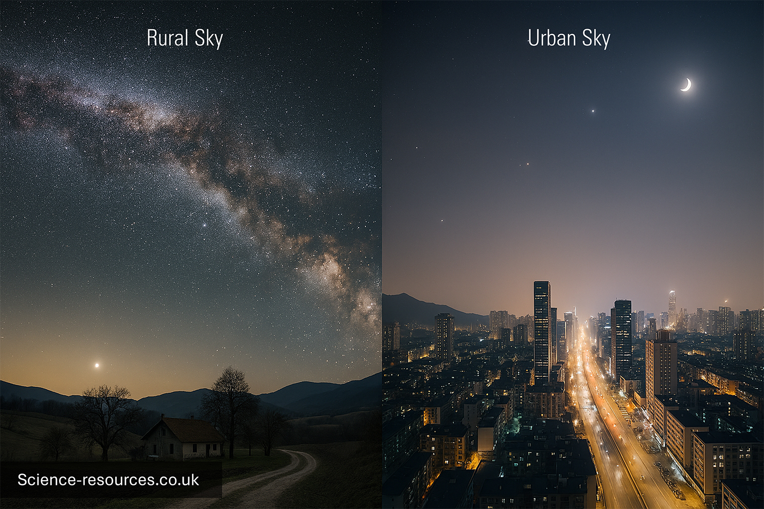 A side-by-side comparison of the night sky in a rural location and an urban location. 



On the left, labelled “Rural Sky”, a quiet countryside scene is shown with fields, a small house and distant hills. The night sky is very dark and filled with thousands of stars. The Milky Way appears clearly as a bright, cloudy band stretching diagonally across the sky, showing areas of dense stars and dust. On the right, labelled “Urban Sky”, a city landscape is shown with tall buildings, towers and brightly lit roads. Streetlights and building lights illuminate the sky with a yellowish glow. Only a small number of bright stars are visible, along with a thin crescent Moon. The Milky Way cannot be seen because the sky is much brighter.